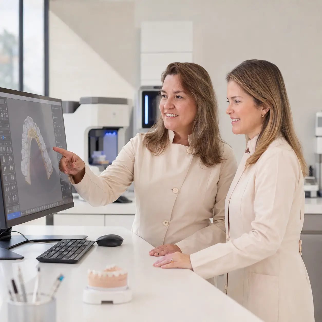 Equipe da UNIKA analisando o planejamento digital de um caso protético no laboratório em Alphaville